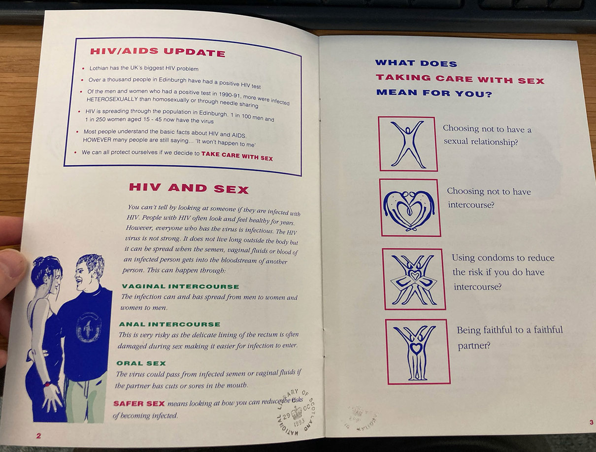 An open booklet about HIV/AIDS and safe sex practices. The left page is titled 'HIV/AIDS UPDATE' and 'HIV AND SEX,' providing facts about HIV transmission and prevention, including the importance of using condoms during vaginal, anal, and oral sex. The right page is titled 'WHAT DOES TAKING CARE WITH SEX MEAN FOR YOU?' and lists options such as abstaining from sex, avoiding intercourse, using condoms, and being faithful to a faithful partner.