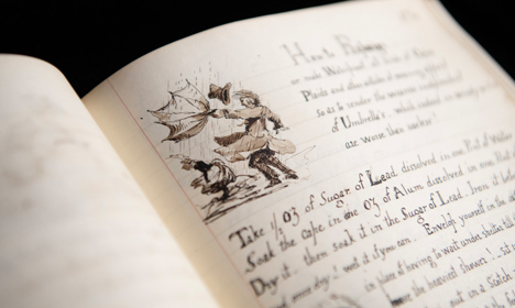 A drawing of a man in the rain holding onto an umbrella that has blown inside out and his hat has blown off.