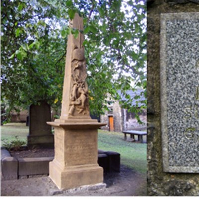 Four photos. One of a memorial, a plaque, a poster of a man in highland dress, and a poster with a drawing of a castle with a rainbow and the words 'Plana Gaidhlig Dhun Eideann'.