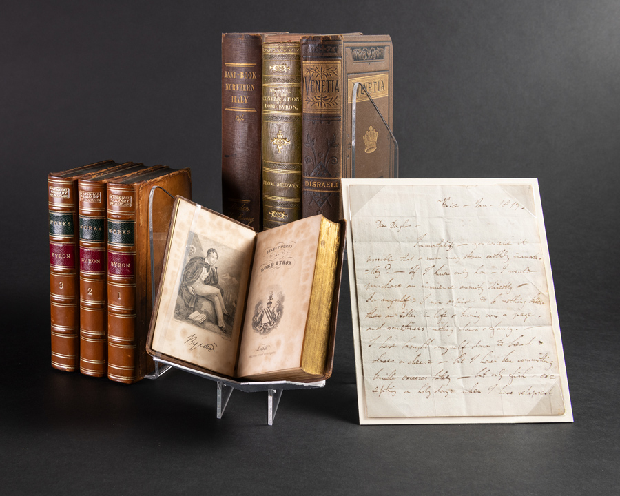 Six closed books, and one open book by Lord Byron, and one manuscript dated 1819. Images by imaging services. Held in the Libraries collections at (letter) MS.43542, (open volume) ABS.1.93.25, (closed volumes) I.38.f, R.267.c, Dur.280, Saltoun.760.