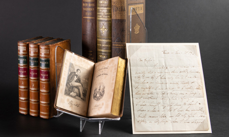 Six closed books, and one open book by Lord Byron, and one manuscript dated 1819. Images by imaging services. Held in the Libraries collections at (letter) MS.43542, (open volume) ABS.1.93.25, (closed volumes) I.38.f, R.267.c, Dur.280, Saltoun.760.