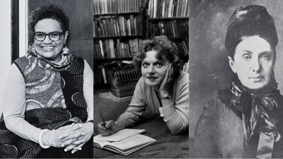 Black and white photos of Jackie Kay, Muriel Spark and Isabella Bird.