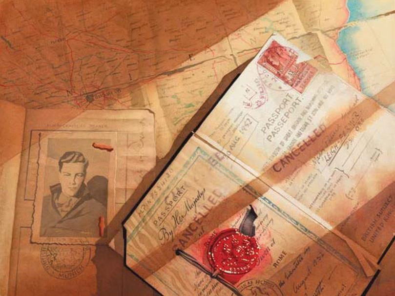 A watercolour painting of an old UK passport that has been cancelled. Underneath the passport is page with a photo of a man and a stamp for Munich. Underneath that is a map.