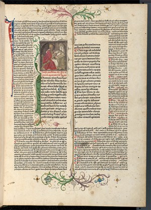 A page of an old book written in Latin. It has an illustration of a man in robes sitting at a desk with an open book on it.