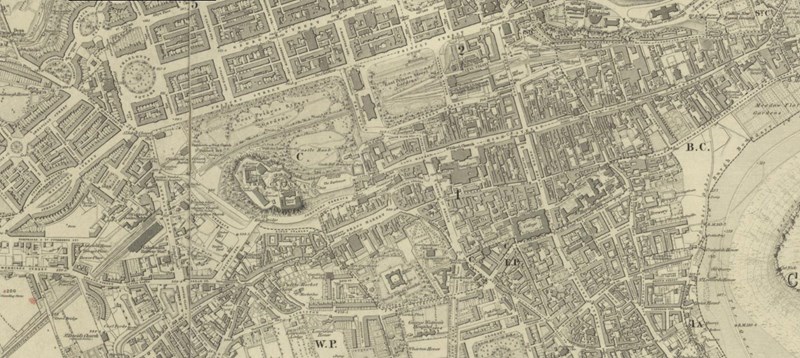 A historical map of Edinburgh, intricately illustrated with labeled streets, buildings, and landmarks. The map is densely detailed, offering a visual representation of the city's layout during the 19 century..