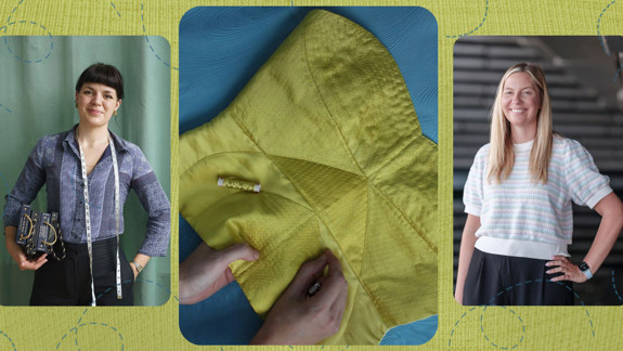 A bodice being stitched by hand flanked by photos of Alis Le May and Jen Ballie.