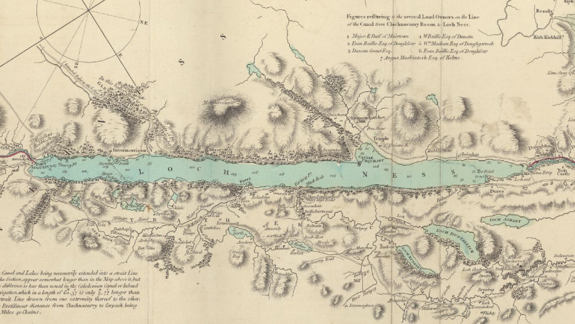 Historic map showing Loch Ness with surrounding hills, waterways, and landowner names marked.