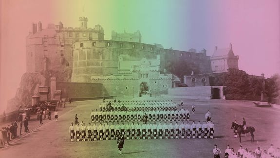 Historic photo of soldiers in uniform standing in formation before a castle, with people and horses nearby, overlaid with a soft rainbow gradient.