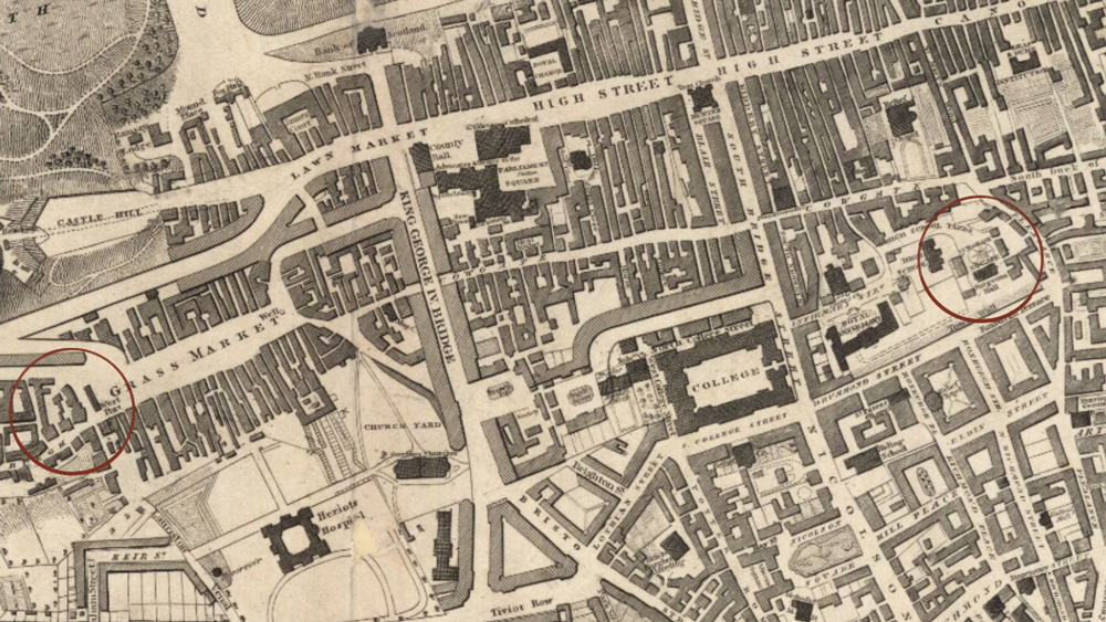 A map of Edinburgh from 1823 zoomed in with West Port and Surgeons Hall circled.