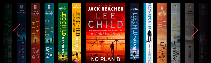 11 Leed Child books from the 'Jack Reacher' series sitting with their spine out. One book in the middle is facing forwards and is titled 'No Plan B'.