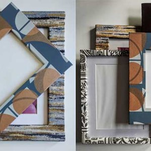 Repeated images of upcycled frames piled atop one another. One frame has stripes painted onto it.