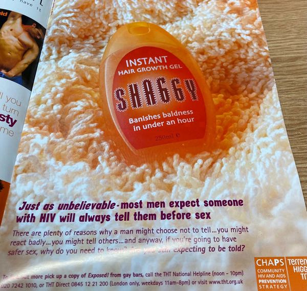 An advert showing a red bottle with the words "Instant hair growth gel" on it. The caption reads "Just as unbelievable - most men expect someone with HIV will always tell them before sex".