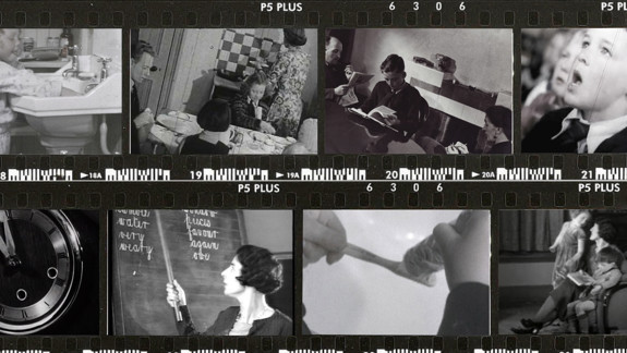 Two black and white film strips containing eight stills take from archive films showing various daily activities.