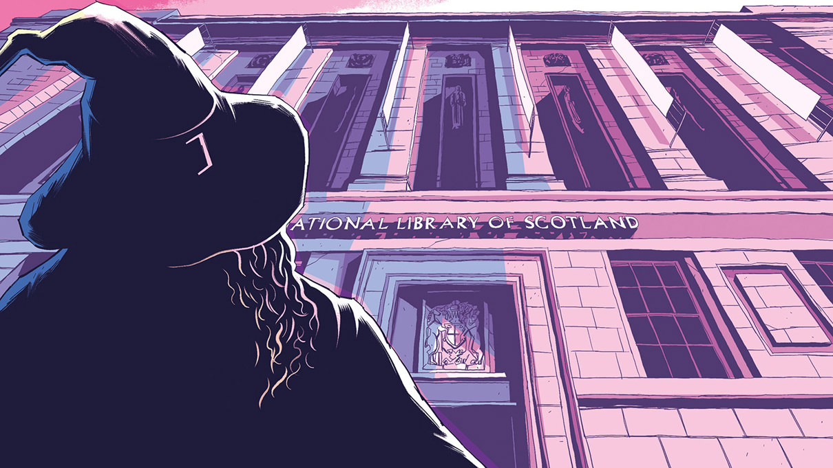 Merlin standing outside of an imposing looking National Library of Scotland building.