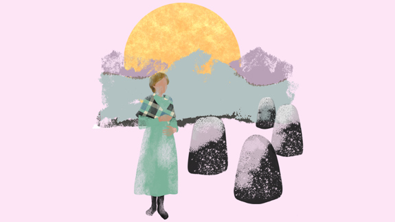 An illustration of a person in a long dress and boots standing in front of a large yellow sun, with mountains and trees in the background. Black and white standing stones are scattered around the person.