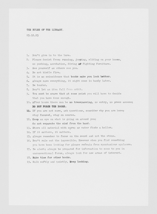 Typewritten artwork listing 19 rules for a library on a white background.