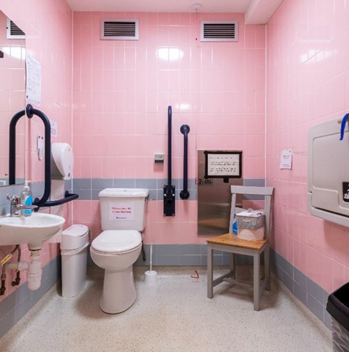 The toilet is in the corner and there are handrails behind and beside it as well as near the sink. There is an emergency pull cord and baby changing facilities on the far side from the toilet.