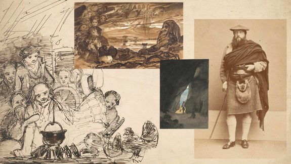 A collage made up of watercolours and a sketch of characters and landscape and a photo of John Francis Campbell.