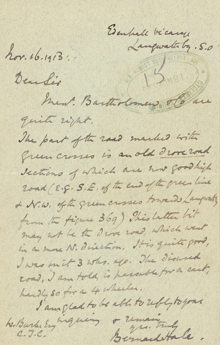 A handwritten letter addressed to Bartholomew and dated 18 November 1913.