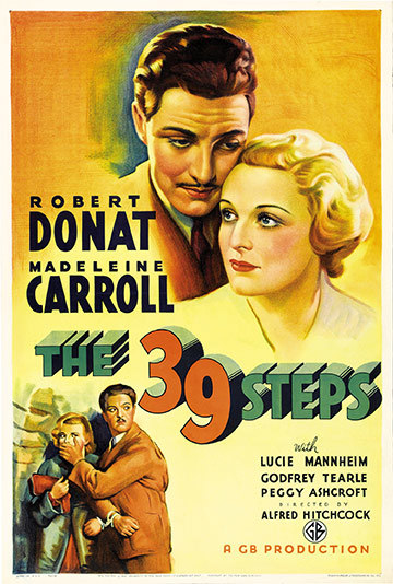 Vintage movie poster for 'The 39 Steps' with illustrated characters in the background.