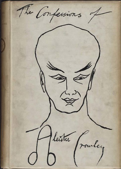 A minimalist black line drawing of a head and shoulders, with handwritten title at the top and the author's name with signature phallic 'A' drawn at the bottom.