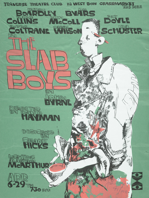 Theatre poster for 'The Slab Boys' showing a man with a pencil behind his ear and a cigarette in his mouth.