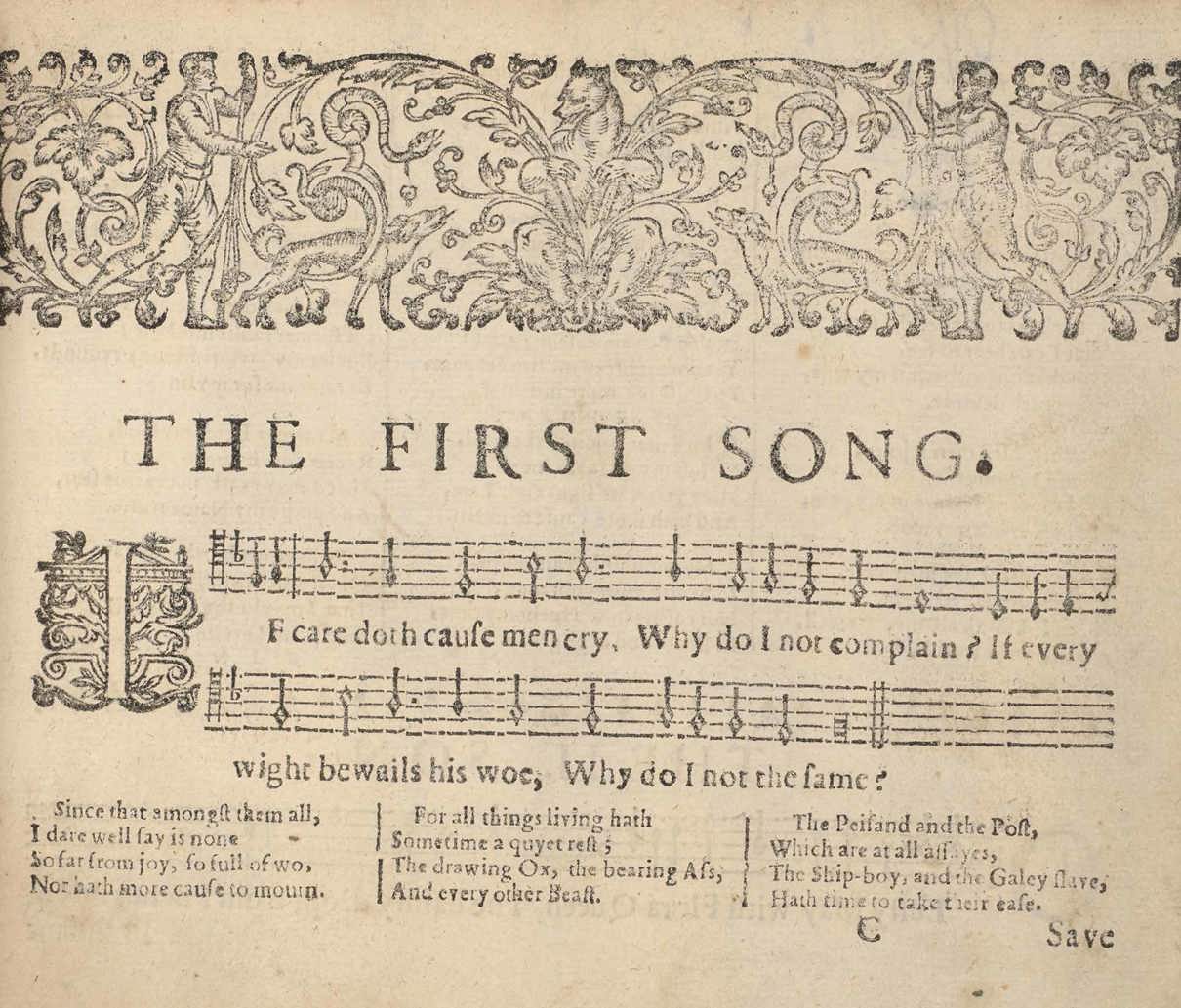 Historical sheet music titled 'THE FIRST SONG', featuring an ornate decorative border with figures and animals. The page includes lyrics expressing sorrow and weariness.