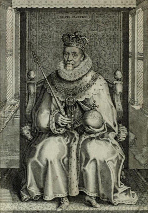 Engraving of a crowned monarch on a throne, holding a scepter and orb, and "REAT PACIFICI" inscribed above.
