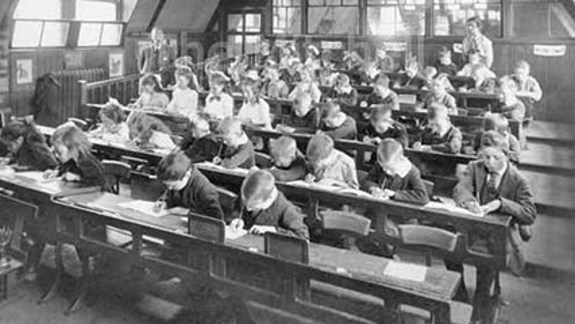 Black and white photo of children at school.
