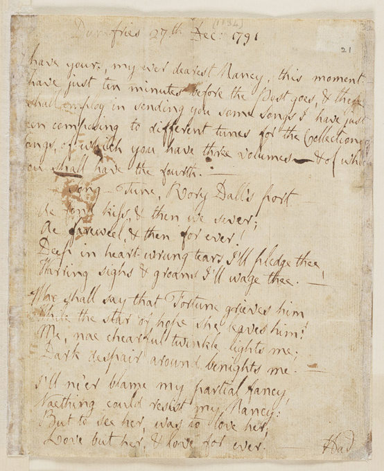 A handwritten letter dated December 27, 1791, from Dumfries. The letter is addressed to "my ever dearest Nancy" and includes a poetic passage composed by Robert Burns, intended for inclusion in a fourth volume of a song collection. The ink is brown and the paper shows signs of age.