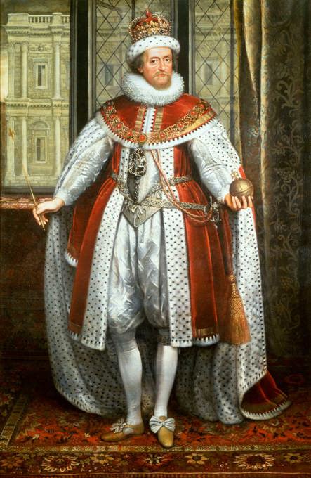 A painting of a man standing in formal 16th century robes wearing a crown and holding a gold orb and rod in either hand.