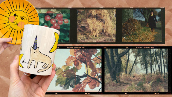 A collage of autumn-themed film images and pottery pieces.
