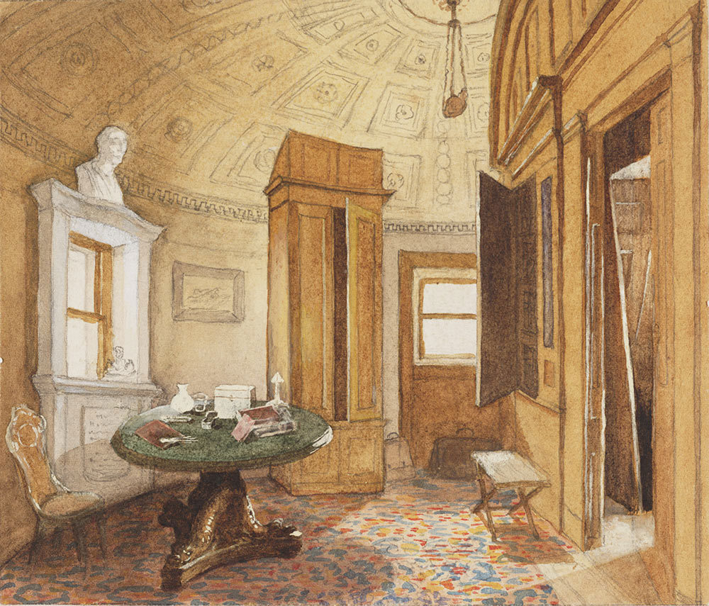 An ornate room with a domed ceiling, a round table with various items, a bust on a mantelpiece, and wooden furniture.