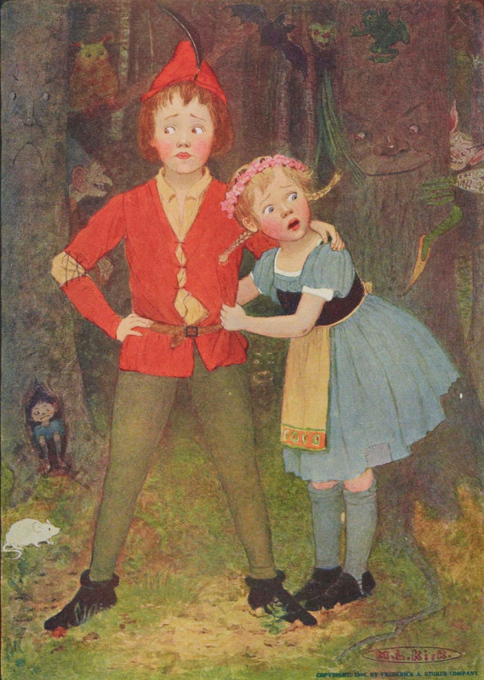 Two children startled in forest with creatures hiding in trees.