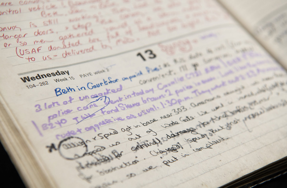 Handwritten notes in a diary dated Wednesday the 13th. Entries include observations of police activity, a court appointment for Beth, and notes about individuals and locations.