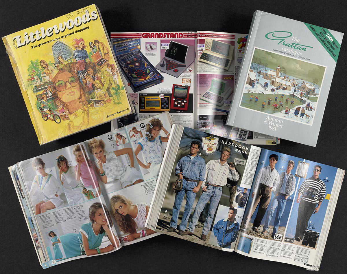 A spread of vintage shopping catalogues showing fashion pages from the 1980s.