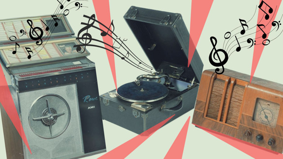 An old style juke box, radio and record player with music notes coming out of them.