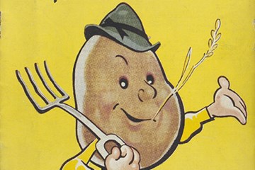 The cover of Potato Pete's Recipe Book. There is an illustration of a Potato with a face and limbs. He is wearing a hat and holding a pitchfork.