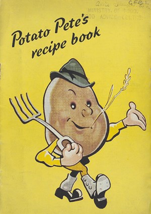 The cover of Potato Pete's Recipe Book. There is an illustration of a Potato with a face and limbs. He is wearing a hat and holding a pitchfork.