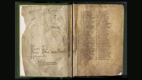 An open bound manuscript with a faint drawing of a man dressed in medieval finery on the left, and text in two columns on the right, titled 'Ancien Roman de Perceval'.
