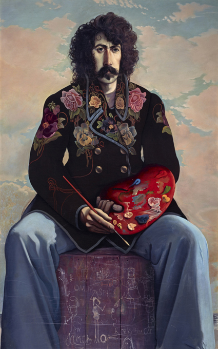 Painting of John Byrne wearing a blazer with flowers on it and holding a paintbrush and palette.