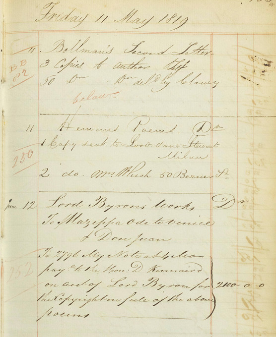 A scanned page from a handwritten ledger dated Friday, 11 May 1819. The cursive entries list literary transactions, including copies of of books sent to people. A later entry dated June 12 references Lord Byron's works, including 'Mazeppa,' 'Ode to Venice,' and 'Don Juan,' along with a financial note payable to the Hon. D. Kinnaird to the value of £2,100.