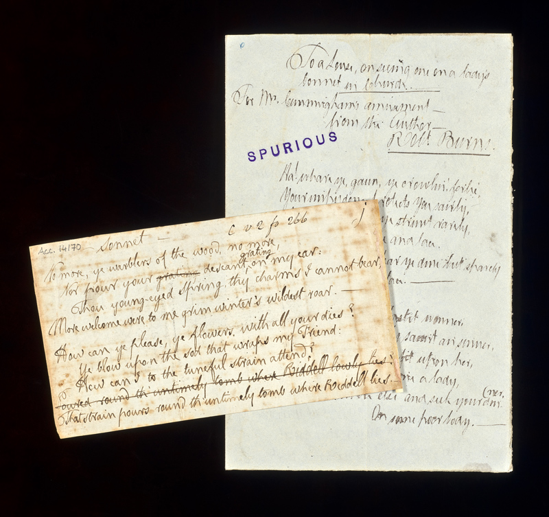 Two manuscripts of Robert Burns' work. Image by NLS imaging services. One is a forgery and one is genuine. (forged poem, courtesy of National Museums Scotland) MS.2210  and (genuine sonnet held in NLS collections) Acc.14170.