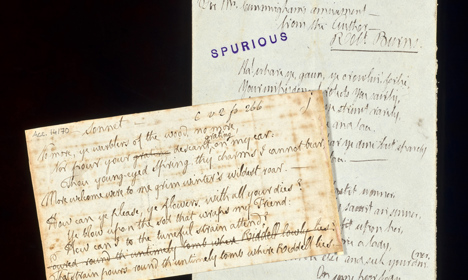 Two manuscripts of Robert Burns' work. Image by NLS imaging services. One is a forgery and one is genuine. (forged poem, courtesy of National Museums Scotland) MS.2210  and (genuine sonnet held in NLS collections) Acc.14170.