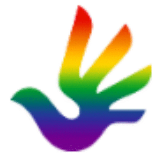 LGBT unity logo showing a rainbow-coloured hand shaped like a bird.