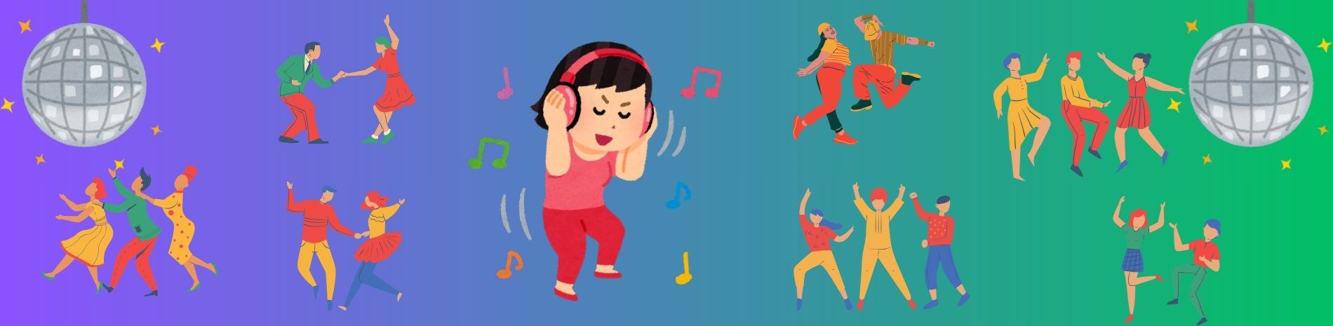 A cartoon of someone dancing wearing headphones, and smaller groups of people dancing around them.