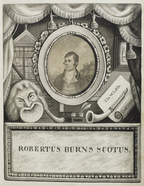 Frontispiece showing portrait of Robert Burns and his name in Latin- 'Robertus Burns Scotus'.